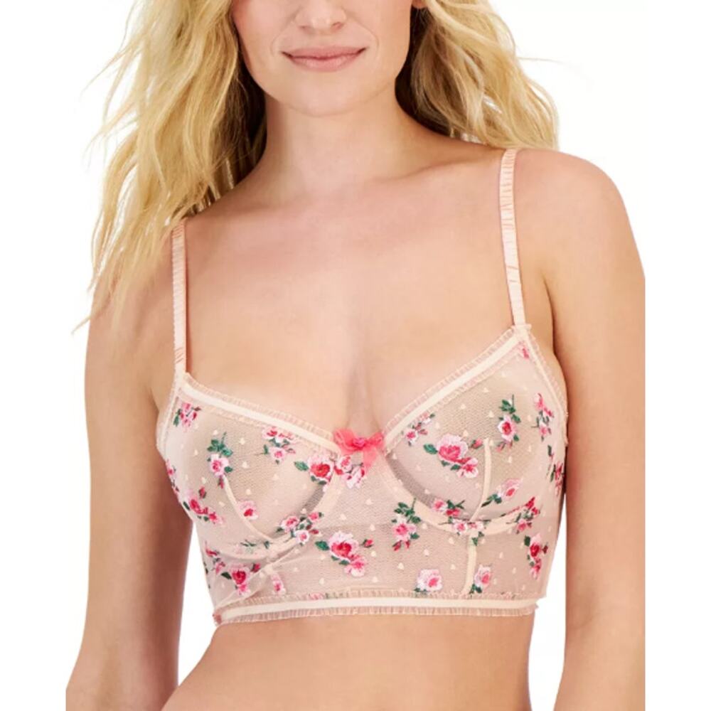 INC Bra Bustier Womens Large Rose Embroidered Pink Lace Sheer Floral